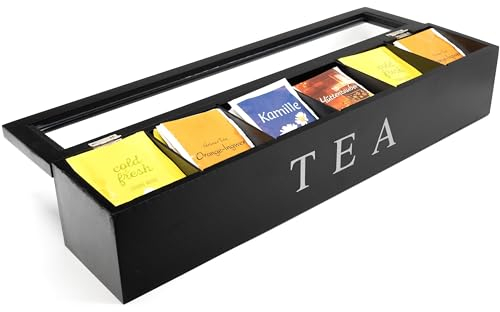 TMV24 Teebox mit 6 Fächern, Tee Kiste aus Holz Aufbewahrungsbox Dose mit Sichtfenster schwarz, Praktische Teeaufbewahrungsbox für Teebeutel, Teebeutelbox und Tee Organizer, Teedose
