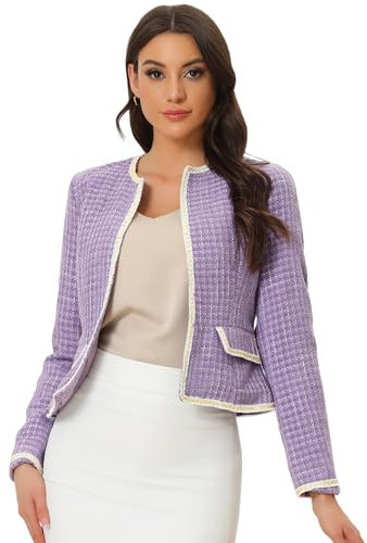 Allegra K - Chaqueta de tweed a cuadros para mujer, traje de blazer de manga larga, chaqueta corta de trabajo y oficina con abertura en el frente, Morado (, S
