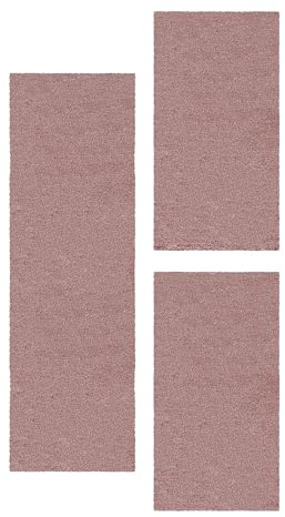 Carpetsale24 Bettumrandung Schlafzimmer 3 teilig Hochflor Teppich Rosa Bettvorleger Schlafzimmer Bettset: 2 St. 80x150 cm | 1 St. 80x250 cm - Einfarbiger 50 mm Flauschiger Teppich Läufer Set