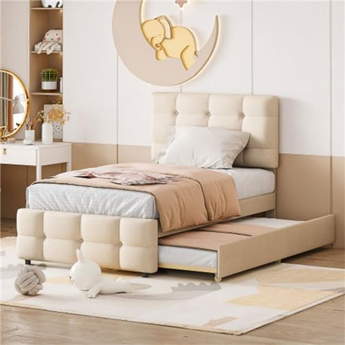 Tcewhhy Letto Imbottito 90x200 Cm Testiera Regolabile Letto Singolo Con Letto Estraibile Lettino Per Bambini Lettino Per Ragazzi Per Adulti Ragazzi Letti Per Ospiti Con Rete A Doghe Beige
