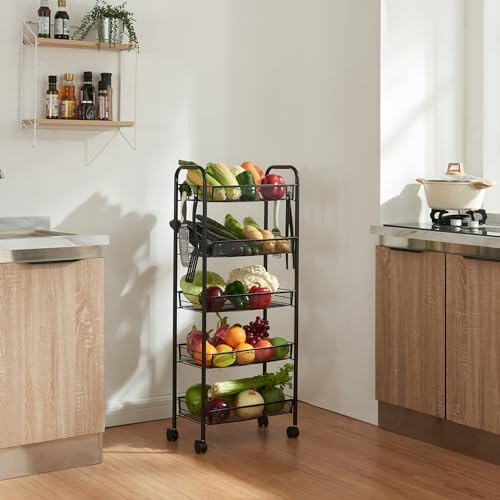 [en.casa] Rollwagen Tromsø Beistellwagen mit 5 Ebenen mehrlagiges Küchenregal mit Rädern Servierwagen aus Stahl rollendes Regal für Küche, Bad 103 x 44 x 26 cm Schwarz