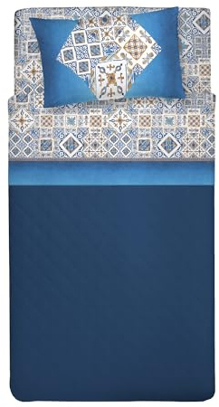 PENSIERI DELICATI Parure de lit 1 Place et demie 100% Coton, Parure de lit 1 Place et demie 120 x 200 cm, avec Drap Plat, Dessus et 1 taie d'oreiller, fabriquée en Italie, Fantaisie faïence Bleue