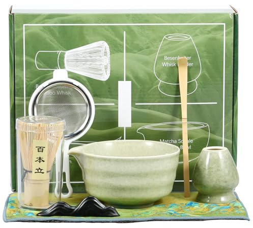 7Pcs Matcha Tea Set, Japanese Matcha Making Starter Kit with Whisk Bowl(450ml) Whisk Holder Scoop and Strainer Set to a Traditional Cup of Matcha(Matcha Green)
