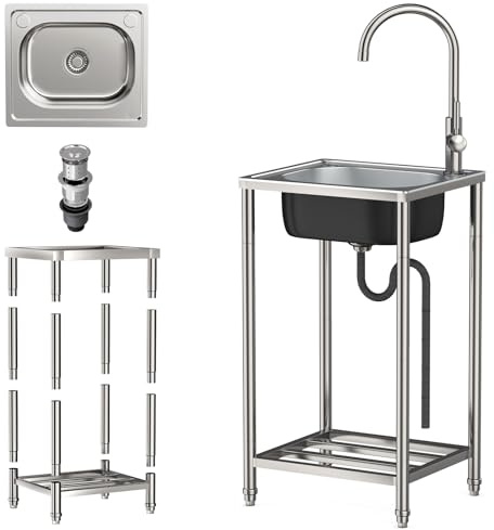 Fregadero Exterior Jardin Fregadero Acero Inoxidable Portatil Fregadero Independiente Con Grifo, Fregadero Industrial, Para Cocina, Restaurante, Bar, Jardín, Camper (37 * 42 * 82CM)