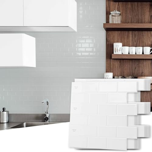 Art3d 10-Stück Keramikfliesen Fliesenaufkleber Klebefliesen Metro Fliesen Selbstklebend Küche Wandfliesen Weiß 30 x 30 cm