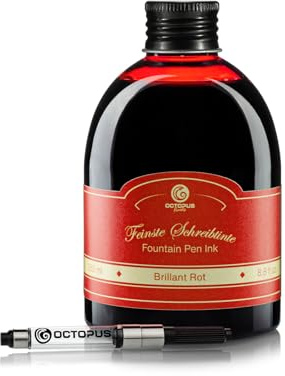 Octopus Fluids Füllhaltertinte Brillant Rot, 250 ml mit Tinten-Konverter | Mit Tinten-Konverter für Füllhalter mit Standardpatronensystem, farbintensive Schreibtinte mit schönem Shading