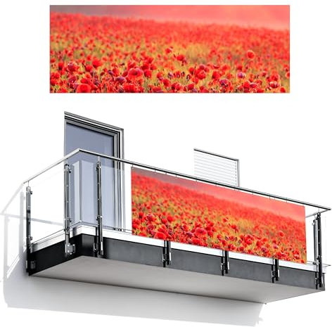 MuchoWow© Balkon Sichtschutz Einseitig 110x300 cm Groß PVC Kunststoff Garten Windschutz ohne Bohren Wetterfest Sichtschutzzaun Terrasse Balkonverkleidung Deko Mohnblumen - Blumenfeld - Natur