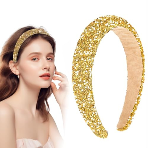 Serre-Tête Perles avec Strass, Bandeau à Paillettes Dorées, Cristal, Coussin épais pour Fête de Mariage, Spectacles - Pour Femme et Fille
