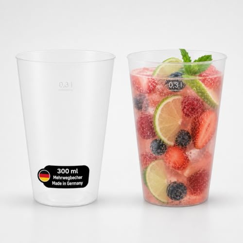 DeinPack 25 Mehrwegbecher 300ml Made in Germany mit Eichstrich transparent | 25 Stück, Made in Germany, Mit Eichstrich, Wiederverwendbar, Aus PP