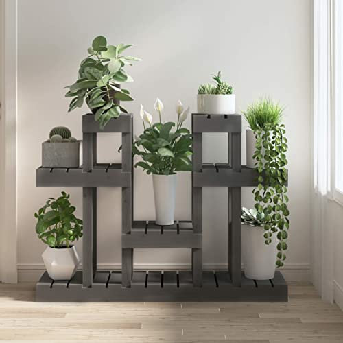 Xichuzi Pflanzenständer, Blumenständer, Pflanzenregal, Blumenregal, Pflanzentreppe, Blumentreppe, Regal Pflanzen, Grau 104,5x25x77,5 cm Massivholz Kiefer