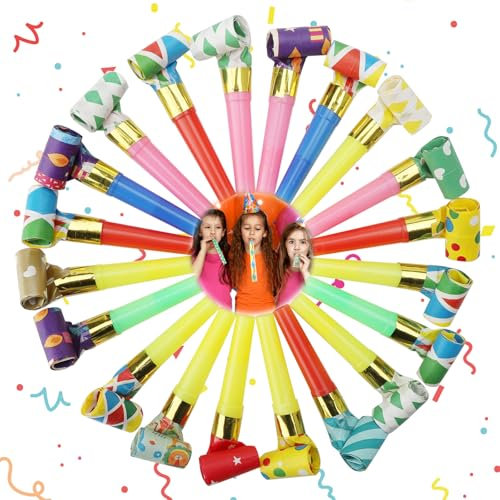 20 consoletti, consolatori di compleanno per bambini, consolatori per bambini, tromba di carta, per feste di compleanno, laurea, multicolore, in plastica, per occasioni festive