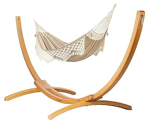 LA SIESTA® Bossanova Bio-Baumwoll Hängematte & Holzgestell - Hängemattengestell für Outdoor Indoor Balkon, Boho Hängematte mit Gestell aus Holz - 2 Personen Hängematte mit Ständer - Kingsize, Latte