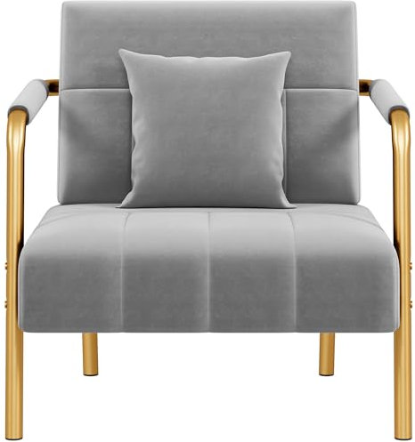 Yaheetech Modern Tub Chair, Accent Chair with Cozy Pillow, Velet Armchair with Striking Golden Legs for Living Room, Bedroom, Office, Light Gray