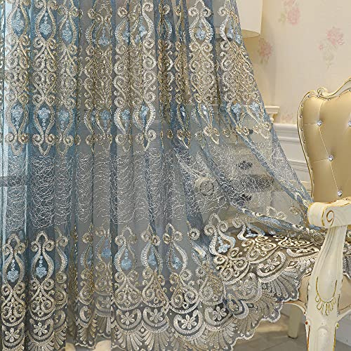 Amidoudou 1 Paar Luxuriöse Vorhänge Mit Stickerei-Muster, Transparent, Goldfarben, Elegantes Europäisches-Design, Für Wohnzimmer Und Schlafzimmer. (Ösen,H230 x B130 cm (2er Pack),Graublau)