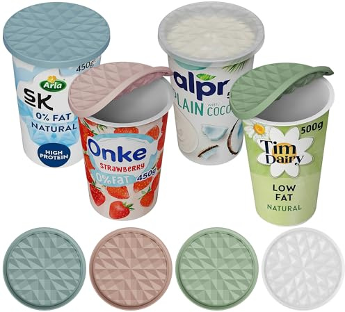 Wingcases Silikon Große Joghurt Deckel für Joghurtbecher 500g 4er-Set | Große 9,5cm, Mehrweg Organizer Küche, Reversibel zu Untersetzern, Glasabdeckung, Untersetzer für Gläser, Mehrfarbig