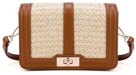 Faletony Straw Crossbody Bags for Women Summer Leather Stitching Straw Flap Bag Handbag Shoulder Clutch Purse Brown