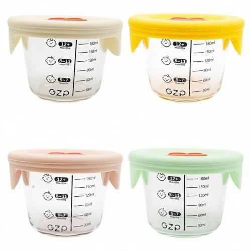 DIYCUT 4 Stück 180 ml Babybrei Behälter, Brei Einfrieren Behälter, Glas Babybrei Einfrieren, mit Messskala, Babynahrung Aufbewahrung mit Silikondeckel, für Aufbewahrung Babynahrung und Obst