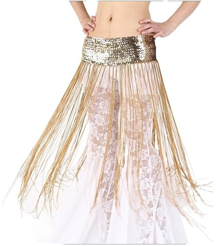 Skdvy Bauchtanz Hüftschal,Bauchtanz Hüfttuch aus Chiffon Bauchtanzkostüme Gürtel Gürtel Elastische Kraft Pailletten Lange Quaste Bauchtanz Hüftschal for Frauen Bauch Tanzgürtel(Gold)