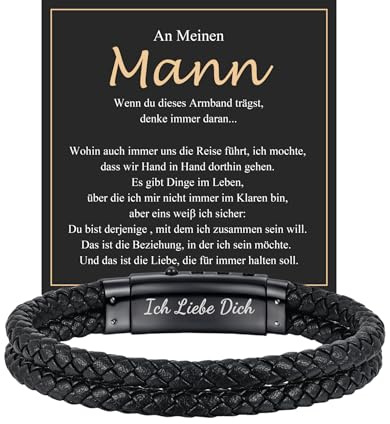 Gamtic Leder Armband Herren Geschenke für Männer - Edelstahl Verstellbare Verschluss, Schwarz Lederarmband mit Gravur Schmuck Herren Geschenk für Ihn Papa Opa Mann Sohn Bruder Enkel