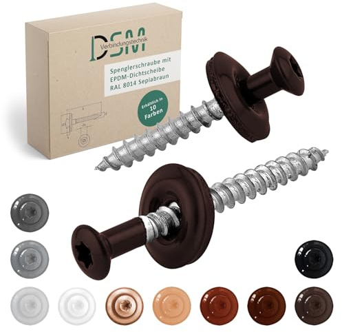 DSM | Lot de 500 vis étanches marron sépia 4,5 x 35 mm | Acier inoxydable A2 – Laqué RAL 8014 | Avec rondelle d'étanchéité EPDM (15 mm) | Entraînement TX | Conforme à la norme DIN 7995 / DIN 9171 |