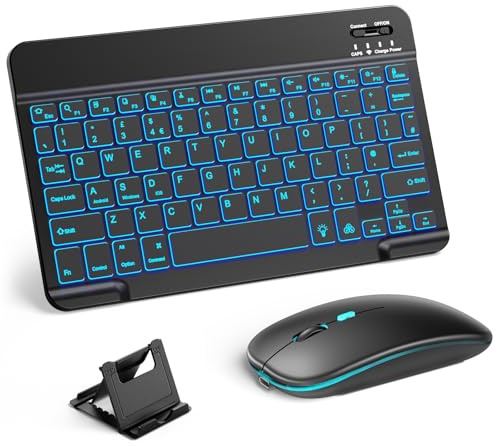 Vobafe Bluetooth Keyboard and Mouse Set with Backlight, Quiet Rechargeable Wireless Keyboard and Mouse with Phone Holder, for iPad/Samsung/iOS/Android/Windows, Ultra-thin keyboard, UK layout, Black