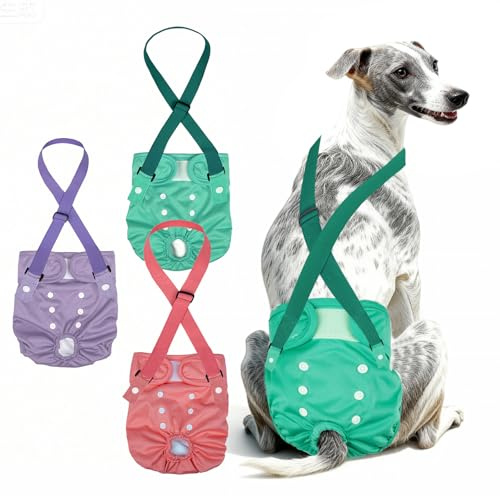 MICOOYO Waschbare Hundewindeln für Hündinnen, Hunde Windeln Weiblich mit Trägern, 3er-Pack Hundewindeln, Wiederverwendbar Läufigkeitshose für Hündinnen Menstruation/Läufigkeit (L,GPP)