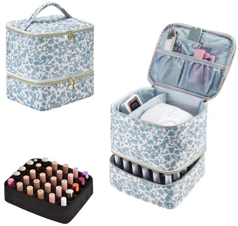 ZFZGFRCS Upgraded Nail Polish Organizer Case - Holds 30 Bottles and 1 Nail Light, Double-layer Nail bag Organzier Case Nail Polish Storage Bag with Handles (Blue-Flower)