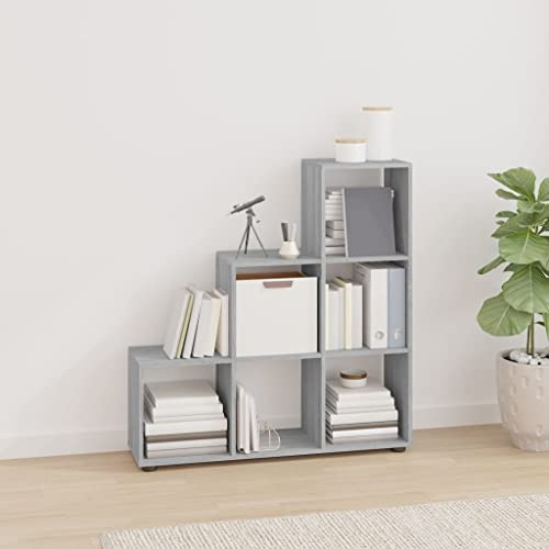 Mandloder Treppenregal Grau Sonoma 107 cm, Holzwerkstoff, 6 Fächer, vielseitig einsetzbar, stabiles Standregal für Bücher und Dekoartikel, Robustes Bücherregal