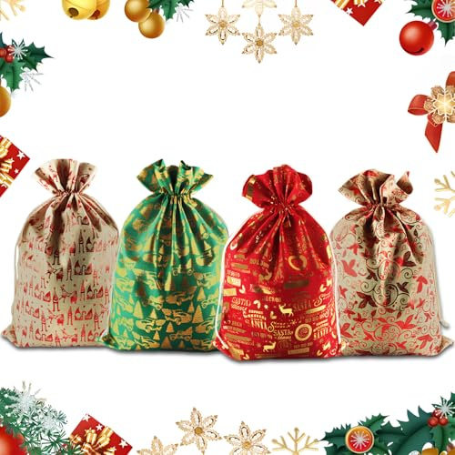 shallyong Weihnachtstasche mit Kordelzug, 4 Stück Große Weihnachten Geschenkbeutel, 70 x 50 cm Stoff Geschenkbeutel mit Kordelzug Wiederverwendbare, Aus Baumwolle für Kinder & Familie
