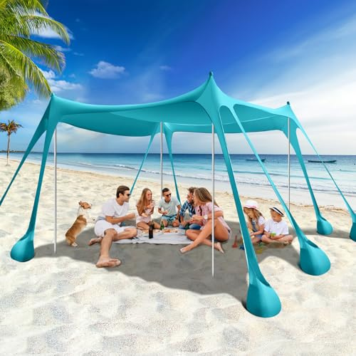 Rhino Valley Beach Tent, 10 x 10 FT Beach Shade UPF50+ Protection, Beach Canopy with 8 Sandbags 4 Stability Poles,Outdoor Beach Tent Sun Shelter Umbrella for Sand,Camping,Fishing Essentials,Mint Green