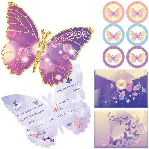 12 tarjetas de invitación para cumpleaños infantiles, 12 x 10 cm, tarjetas de invitación de mariposas, 12 sobres, 12 pegatinas, invitaciones de cumpleaños para niñas y niños, color lila