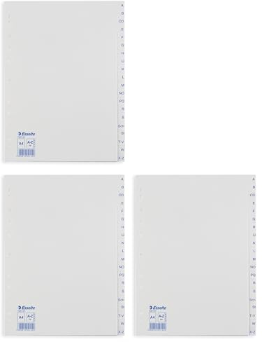 Leitz Esselte Register für A4, 20 Trennblätter, Taben mit alphabetischem Aufdruck A-Z, Blau/weiß, Robuster Kunststoff (3 Register)