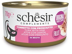 Schesir, Tonnät med skinka i buljong, komplementär våtfoder för katter, burk, 100% naturliga ingredienser, grymhetsfri, 12 x 70 g