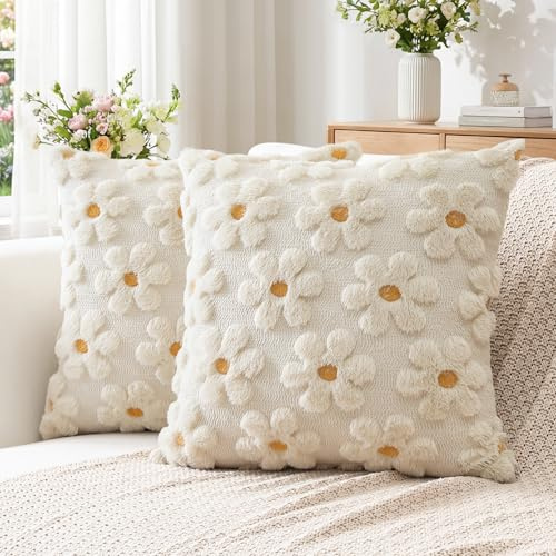 Artscope 2er Set Wolle Blumen Kissenbezüge Weicher Plüsch Kurzer Wollsamt Dekokissenbezüge Frühjahr Sommer Kissenhülle Saisonale Sofakissen für Sofa Schlafzimmer Creme Beige, 50x50cm