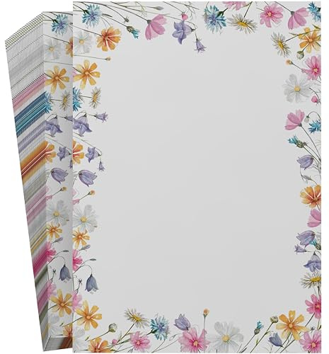 Motivpapier DIN A4 „Blütenwiese“ – Bunte Wildblumen im Aquarellstil – 50 Blatt 90g Briefpapier – florales Designpapier für Briefe, Einladungen & persönliche Korrespondenz