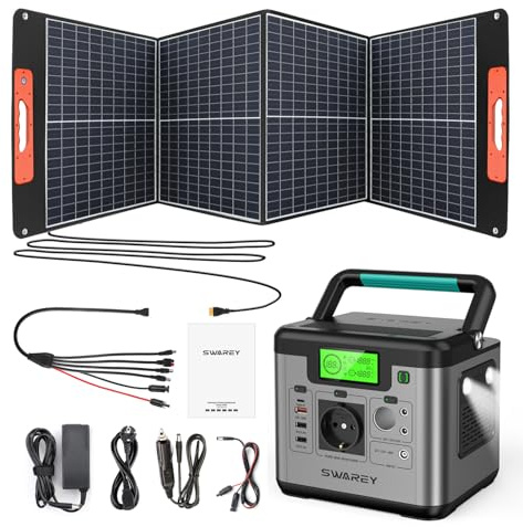 SWAREY Generatore Solare Portatile 518Wh con Pannello Solare Monocristallino 100W 18V AC/DC/USB/QC3.0/Tipo-C Generatore di Corrente per Campeggio RV Outdoor Camper Case Giardino Barche