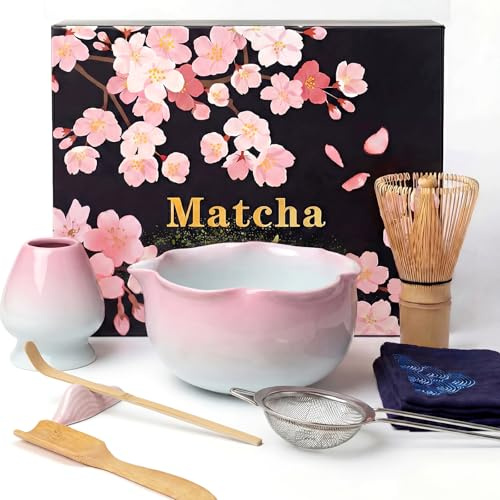 Dazhtu 8 pezzi Matcha Kit, Matcha Set tradizionale in ceramica con Frusta Matcha, Ciotola, Cucchiaio, Filtro, Supporto, Kit Matcha completo, Elegante Set per Amanti del Matcha, Rosa Sfumato