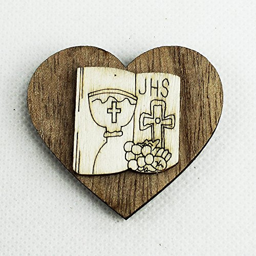 DLM26492 (Kit 12 Pezzi) Calamita Cuore in Legno con Libro Calice Prima Comunione bomboniera