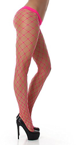 PrettyLoveHose Collant Résille Large Big Size (Noir, Beige, Blanc, Jaune, Bleu, Rose, Rouge) (Rose Fluo)