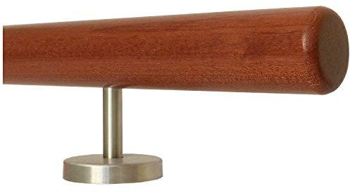 TIBU Mahagoni Geländer Handlauf Treppe Holz Griff 30-500 cm gerade Edelstahl Halter, Länge 80 cm mit 2 gerade Halter - Enden Radius gefräst