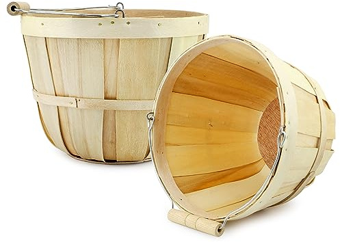 Cornucopia Brands Round Wooden Baskets (2-Pack, Natural); Wood Fruit Buckets w/Handle, 4-Quart Capacity; 6.1 Inch Tall by 8 Inch Diameter