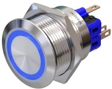 Metzler - Druckschalter 25mm - LED Ringbeleuchtung Blau - IP67 IK10 - Edelstahl - Flach - Lötkontakte