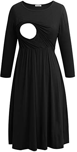 Smallshow Vestidos de Lactancia Vestido de Lactancia Materna de Manga 3/4 para Mujeres Black XL