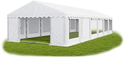 Das Company Partyzelt 6x12m Lagerzelt Universalzelt Pavillon mit Moskitonetz weiß mit Bodenrahmen Zelt 240g/m² PE Plane wasserdicht hochwertig Gartenzelt Summer Floor IPEM