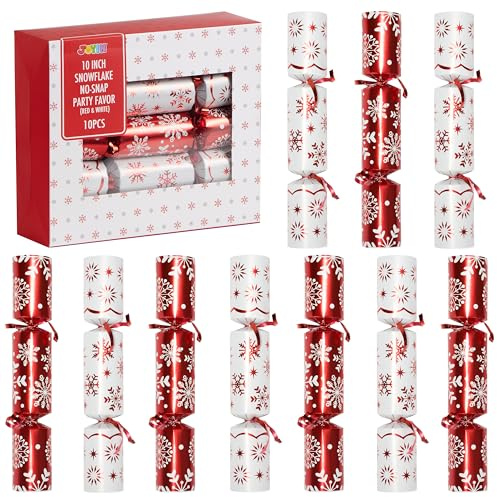 JOYIN 10 Pack Christmas No Snap Party Table Favor with Red & White Snowflake Design, with Party Hat, Joke & Little Gift Inside, for Xmas Gift, Christmas Seasonal Holiday Dinner Traditions