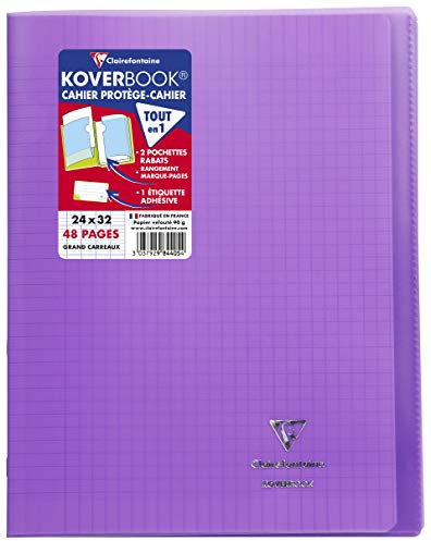 Clairefontaine 984405C - Heft / Notizbuch Koverbook, DIN A4+, 24x32 cm, 24 Blatt 90g, französische Lineatur Seyès, Einband aus transparentem Polypropylen, Violett, 1 Stück