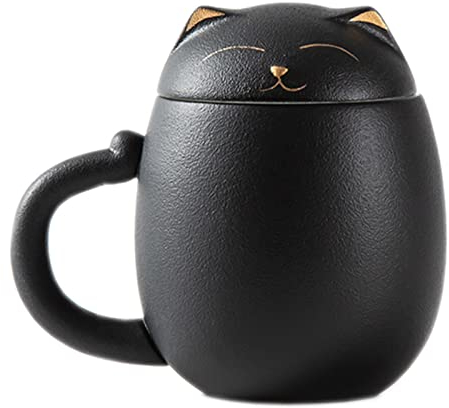 Ceramic Tea Mug with Infuser and Lid，Cute Cat Tea Cup with Filter for Steeping Loose Leaf, Chinese Handmade Porcelain Teacup for Home Office Gift(Black)