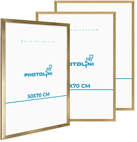 PHOTOLINI Cadre 50x70 bois doré MDF, lot de 3 cadre pour puzzle 50x70 et posters, cadre photos avec verre acrylique incassable, cadre photo 70x50 à suspendre, cadre poster 50 x 70 avec accessoires