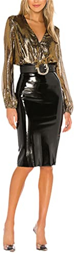Vita alta Lattice Vernice PVC Midi Gonna Donna Elegante Spacco Ufficio Signora Gonna Matita Gonna Al Ginocchio, Nero , XXL