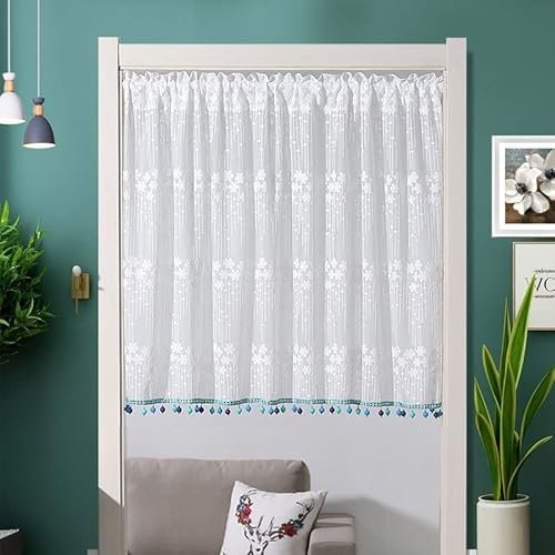 Devola Tür Vorhang hängend küche Scheibengardinen modern lang Bistrogardine mit quaste transparent Fertiggardine mit Blumenmuster Spitze gardinen Kurzstore BxH 85x120cm Blau 1 Stück